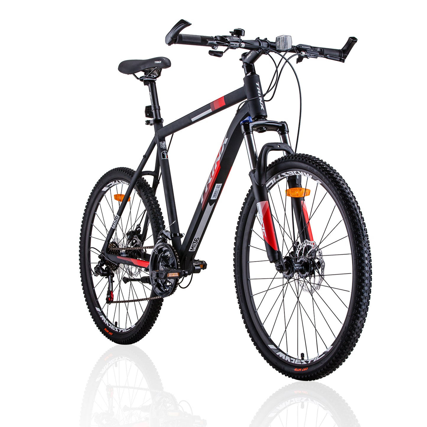 Trinx MTB Mens Mountain Bike 26 inch Shimano Gear 21-Speed Matt Black White/Red Size Of Frame: 19 inches