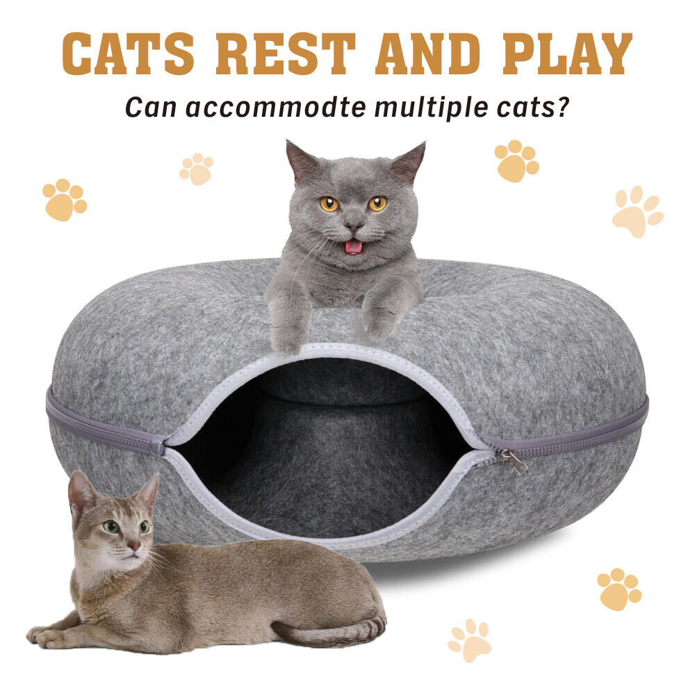 Cat Tunnel Bed Felt Pet Puppy Nest Cave House Toy Washable Detachable Dark Grey