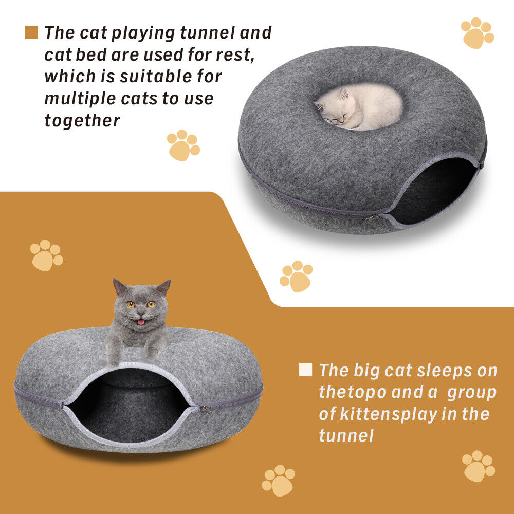 Cat Tunnel Bed Felt Pet Puppy Nest Cave House Toy Washable Detachable Dark Grey