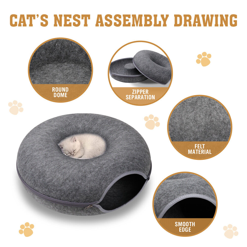 Cat Tunnel Bed Felt Pet Puppy Nest Cave House Toy Washable Detachable Dark Grey