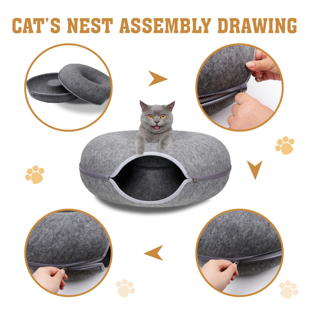 Cat Tunnel Bed Felt Pet Puppy Nest Cave House Toy Washable Detachable Dark Grey