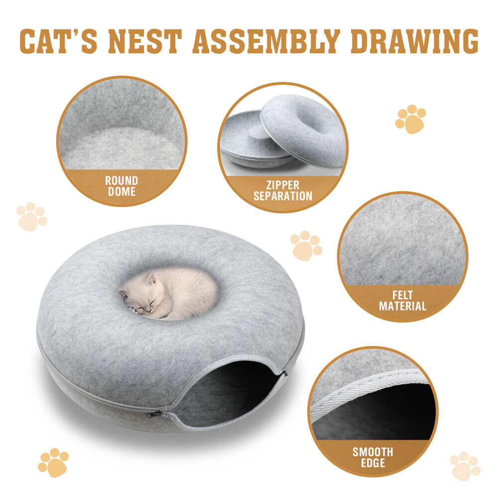 Cat Tunnel Bed Dark Grey Felt Pet Puppy Nest Cave Toy Light Grey 59 x 29cm