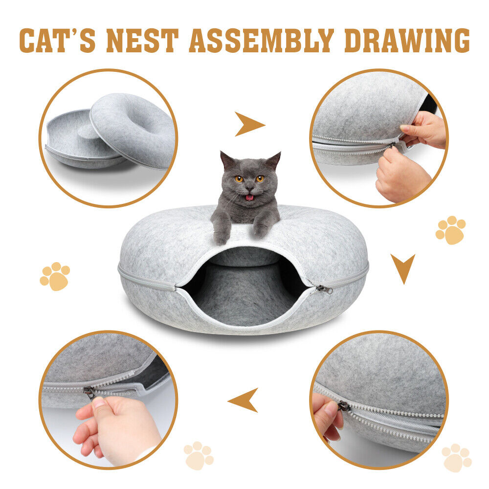 Cat Tunnel Bed Dark Grey Felt Pet Puppy Nest Cave Toy Light Grey 59 x 29cm