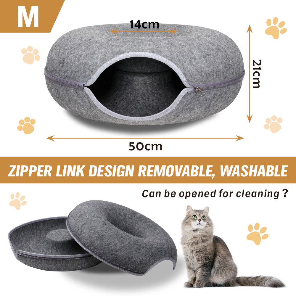 Cat Tunnel Bed Felt Pet Puppy Nest Cave House Round Donut Interactive Play Toy
