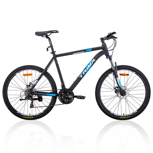 Trinx MTB Mens Mountain Bike 26 inch Shimano Gear 21-Speed Colour Matt Black White/Blue Size Of Frame: 17 inches