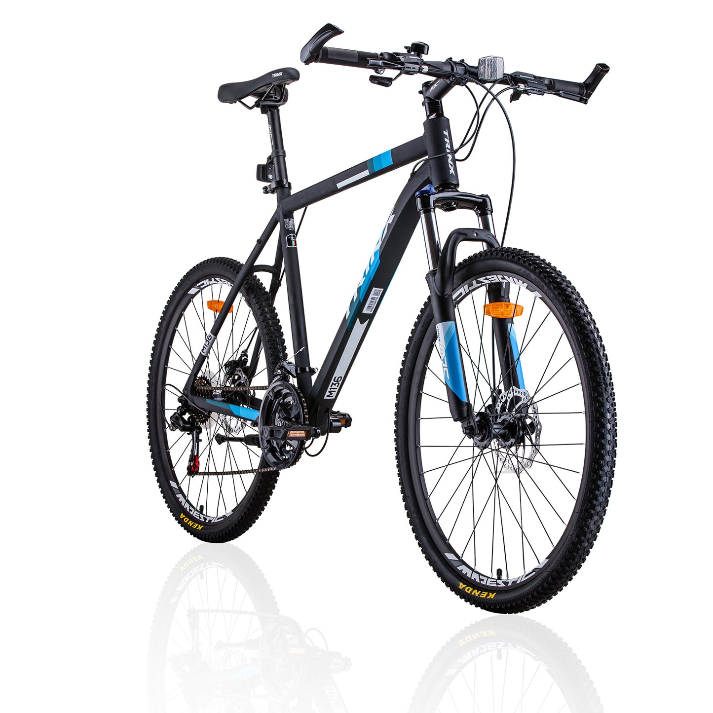 Trinx MTB Mens Mountain Bike 26 inch Shimano Gear 21-Speed Colour Matt Black White/Blue Size Of Frame: 17 inches