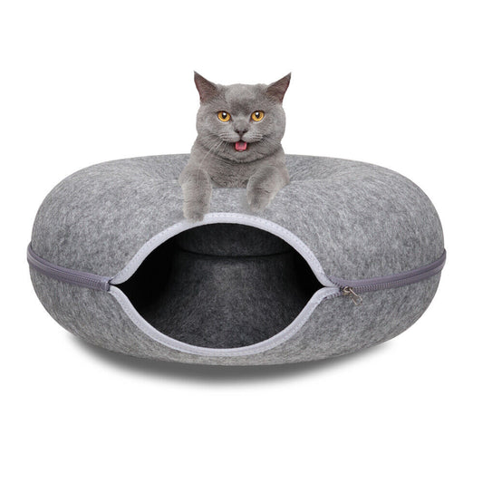 Cat Tunnel Bed Felt Pet Puppy Nest Cave House Toy Washable Detachable Dark Grey