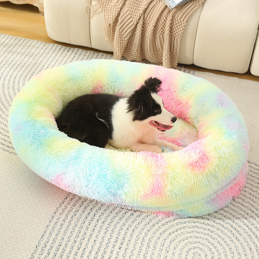 Fluffy Donut Shaped Pet Bed Soft, Cozy, and Anti-Anxiety for Dogs and Cats, Machine Washable  Rainbow-colored Size:M 75*55*18cm