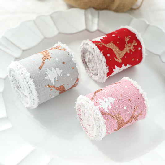 Christmas-Themed Decorative Wired Ribbon Burlap Reindeer and Tree Print Rolled Fabric Set ,Diameter 6.8 cm, length 2 cm (two set, 6 pieces in total)